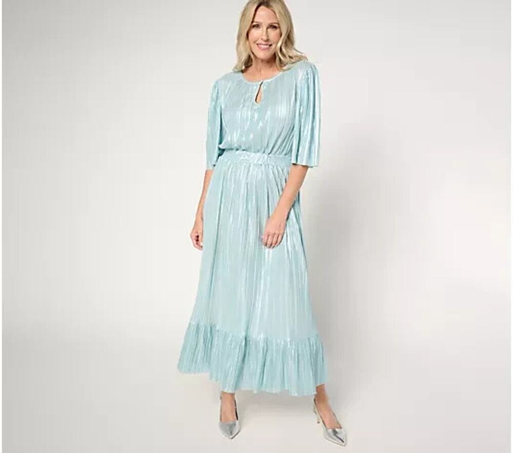 by Stacy London Pet Metallic Plisse Pleated Midi Dress Icicles Petite 2X A671331